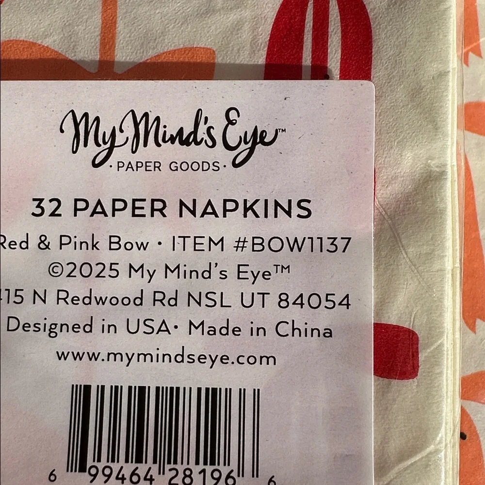 My mind’s eye paper goods 32 pink and red bow napkins